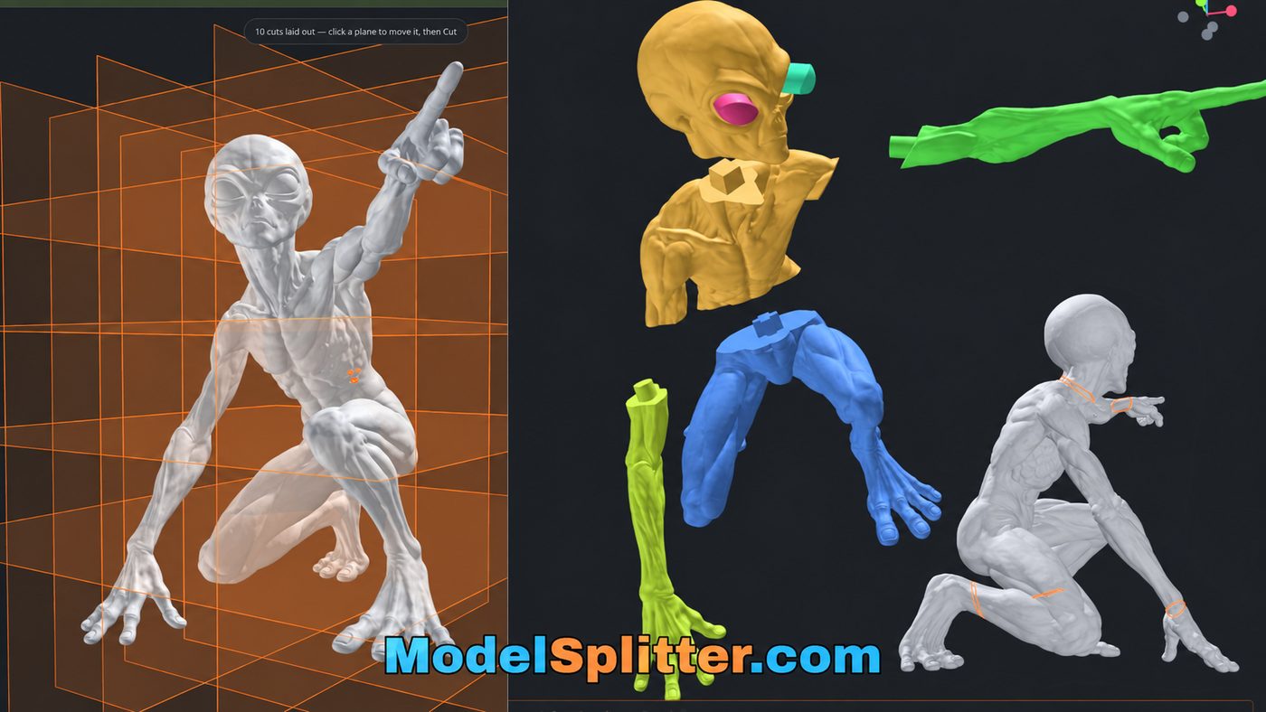 ModelSplitter: a figure with ten automatic cuts laid out on the left; on the right the same figure split into coloured parts with pegs and sockets, and seams drawn around its wrists, ankles and neck